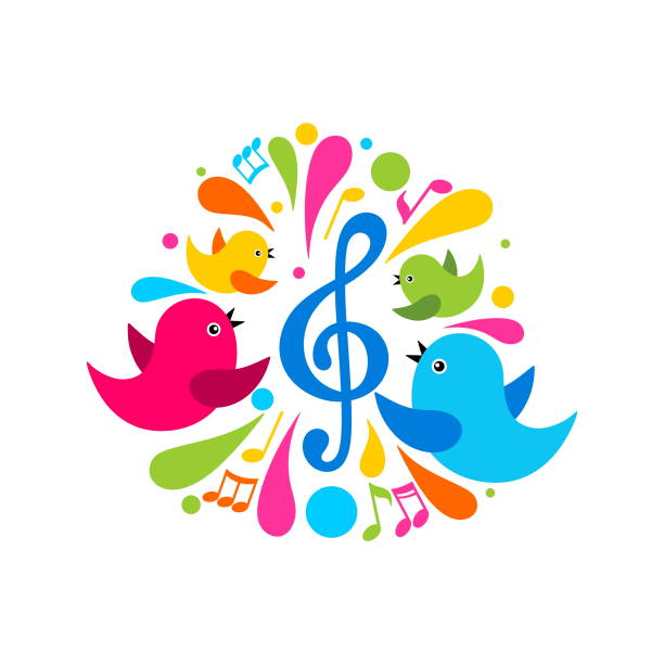 음악 로고. 색깔의 요소가있는 고음 음표 주위에 새의 가족. - music piano bird singing stock illustrations