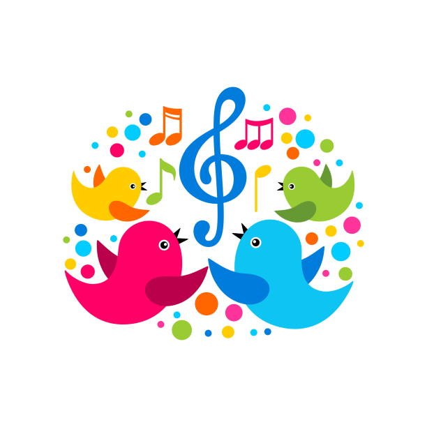 음악 로고. 색깔의 요소가있는 고음 음표 주위에 새의 가족. - music piano bird singing stock illustrations