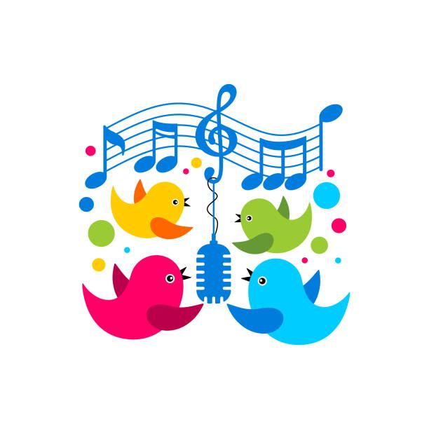 음악 로고. 새들이 마이크에 노래를 부리고, 음악노트가 있습니다. - music piano bird singing stock illustrations