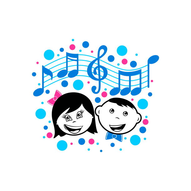 음악 로고. 색깔의 요소와 고음 음절의 배경에 소년과 소녀. - music piano bird singing stock illustrations
