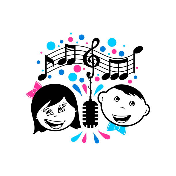 음악 로고. 한 소년과 소녀가 마이크, 음악 노트, 그리고 주변의 색깔의 요소로 노래합니다. - music piano bird singing stock illustrations
