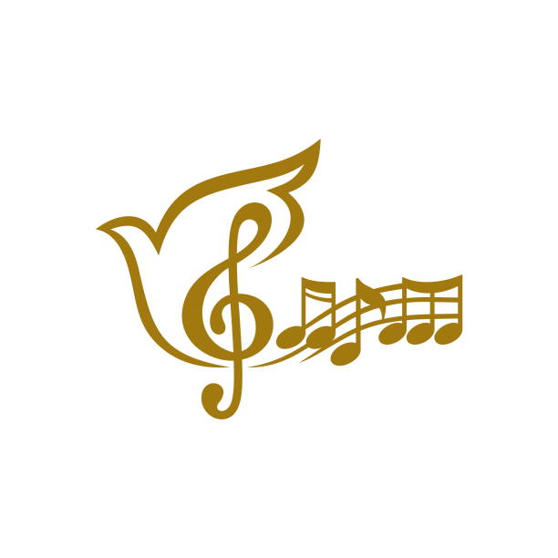 음악 로고. 비둘기 배경에 고음 음표 - music piano bird singing stock illustrations