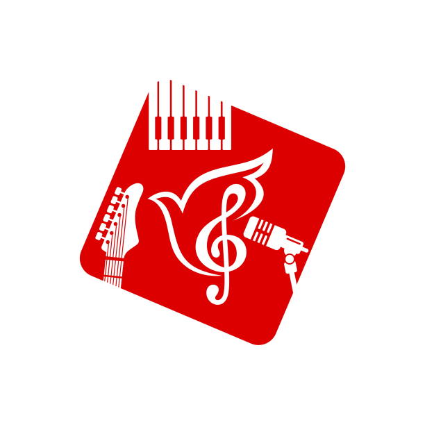 音楽のロゴ。高音のクレフと楽器の背景に鳩 - music piano bird singing点のイラスト素材／クリップアート素材／マンガ素材／アイコン素材