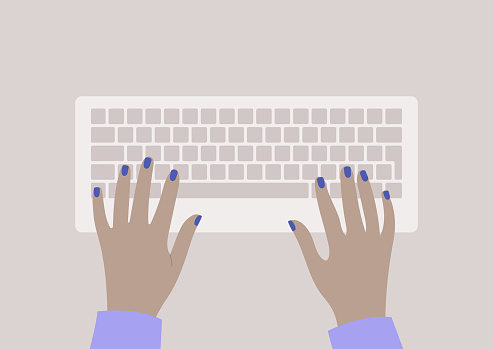 Hands typing on a keyboard, top view, daily office routine