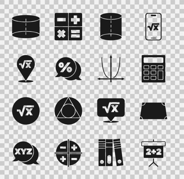 ilustrações de stock, clip art, desenhos animados e ícones de set chalkboard, acute trapezoid shape, calculator, geometric figure, discount percent tag, square root of x glyph, cylinder and graph, schedule, chart, diagram icon. vector - cylinder chart graph three dimensional shape