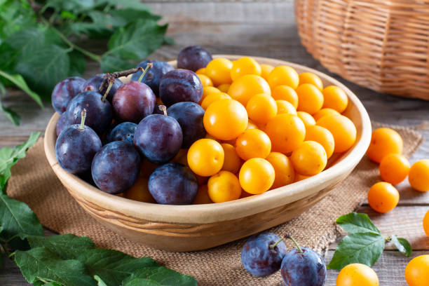 istock Fresh plums, cherry plums with leaves on a table 1337906785