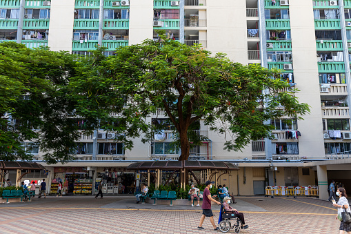 Hong Kong - September 1, 2021 : Oi Man Estate in Ho Man Tin, Kowloon City District, Kowloon, Hong Kong. It is the largest public housing estate in Kowloon City District. It has a total of 12 residential blocks which were completed between 1974 and 1975.