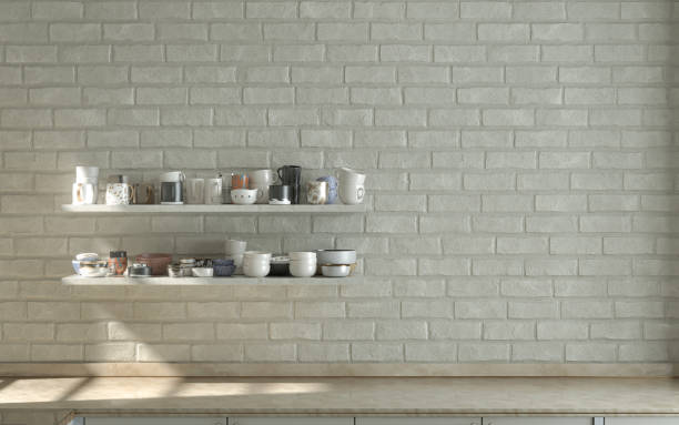 istock Warm morning kitchen scene under sunshine, wall hung kitchen shelf various kitchenware on it cream color brick wall 3d rendering 1337909147