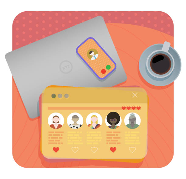 Online Dating Scene with Overhead Desk View - Checking Online Date Profiles Top down view of a round desk. Checking people's dating profiles on internet/mobile apps/websites and the partner is calling. Busted! Vector. Isolated on white background. lesbian affair stock illustrations