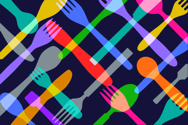 Disposable Plastic Cutlery Colourful overlapping silhouettes of Disposable Plastic Cutlery. Spoon  Fork, knife, Single use, polythene, plastic, Plastic Polution, consumerism, waste, tax silhouettes stock illustrations