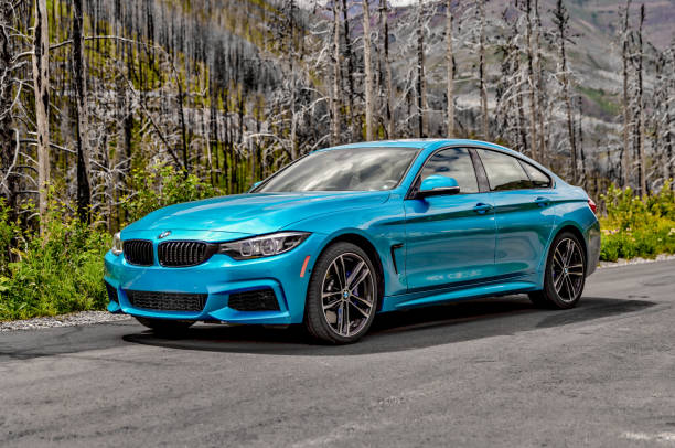 A BMW 4 series sports car parked along the road to Cameron Lake in the Canadian Rocky Mountains stock photo