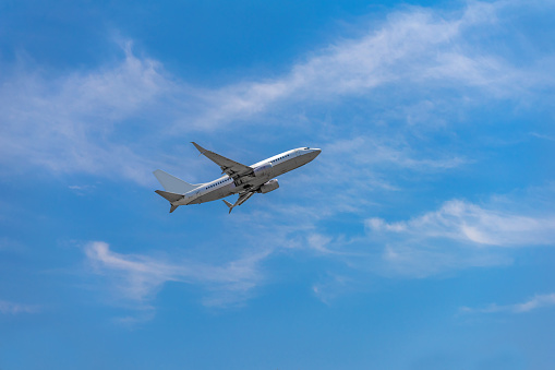 Passenger airplane taking off into the sky