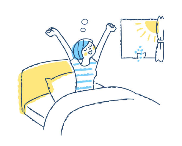 ilustraciones, imágenes clip art, dibujos animados e iconos de stock de una mujer que se estira bajo el sol de la mañana en la cama - pillow wake up yawning sleeping