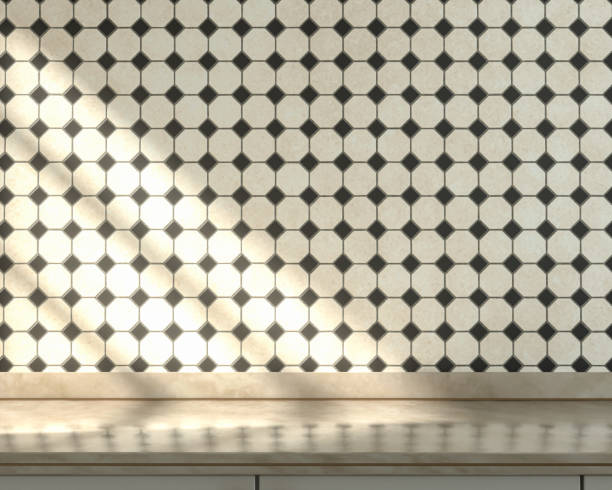 istock Empty marbel kitchen counter, ceramic small diamond tiles wall under morning sunshine, warm kitchen scene, 3d Rendering 1337911366