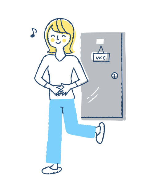 A woman who came out of the toilet with a refreshing face Toilet, facial expression, constipation relief, symptoms, recovery, excretion, smile, health, japanese toilet stock illustrations