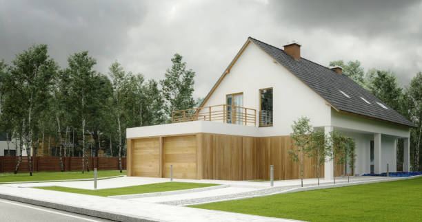 Digitally generated modern suburban family house/villa with eight interiors and garden on a cloudy day.The scene was created in Autodesk® 3ds Max 2022 with V-Ray 5 and rendered with photorealistic shaders and lighting in Chaos® Vantage with some post-production added.