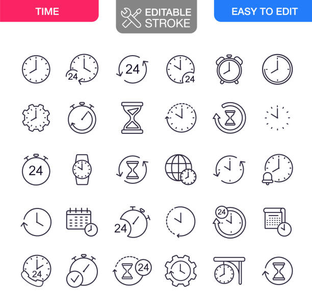 ilustraciones, imágenes clip art, dibujos animados e iconos de stock de iconos de tiempo establecer trazo editable - tiempo