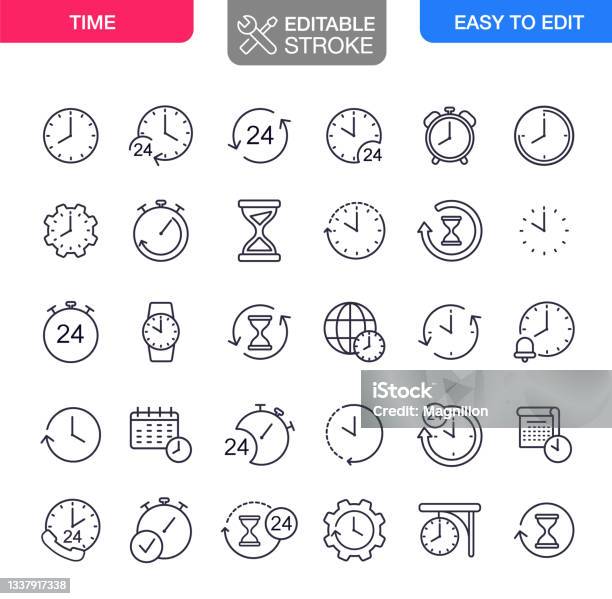 Time Icons Set Editable Stroke Stock Illustration - Download Image Now - Icon, Clock, Time