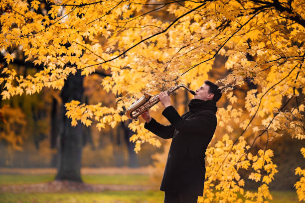 Autumn music: a man saxophonist plays the saxophone in the autumn morning park on the background of yellow trees. stock photo