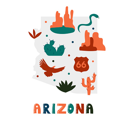 USA map collection. State symbols and nature on gray state silhouette - Arizona. Cartoon simple style for print