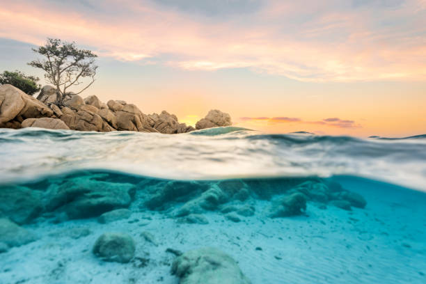 (Selective focus) Split-shot, over-under shot. Half underwater half sky with turquoise sea and a rocky coastline illuminated at sunset. Capriccioli beach, Sardinia, Italy.
