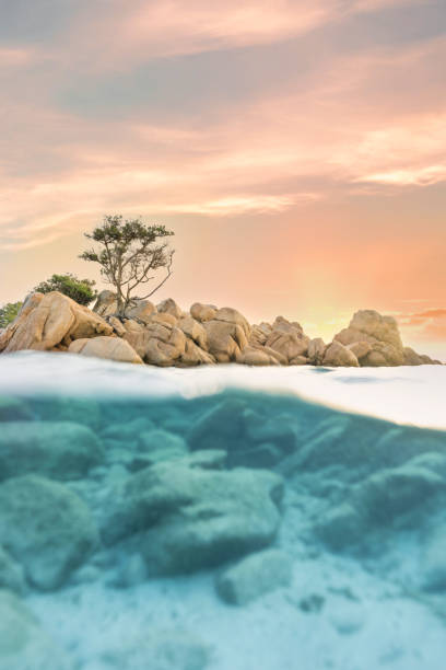 istock (Selective focus) Split-shot, over-under shot. Half underwater half sky with turquoise sea and a rocky coastline illuminated at sunset. Capriccioli beach, Sardinia, Italy. 1337919943