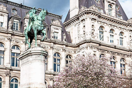 City hall of Paris, with a Etienne Marcel statue and magnolia