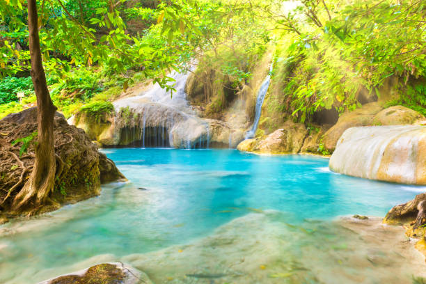 cascade tropicale avec lac émeraude et rochers dans la forêt de la jungle - waterfall tropical rainforest erawan thailand photos et images de collection