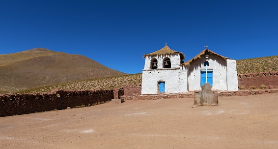 Machuca, Chile, December 4, 2018: View of the church in this small Andean village 4,000 meters above sea level, near San Pedro de Atacama along the road to El Tatio Geysers.