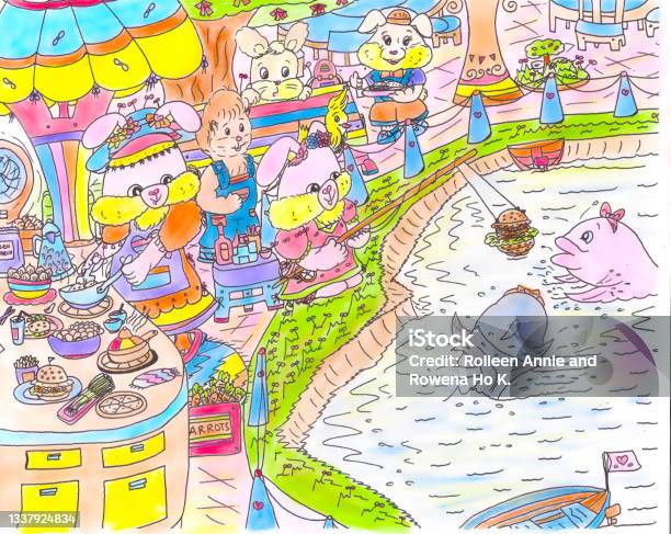 Bright Cartoon Pink Bunny Rabbit Feeding Fish Friend With Jumbo Burger  Childrens Art Color Illustration 2021 Stock Illustration - Download Image  Now - iStock