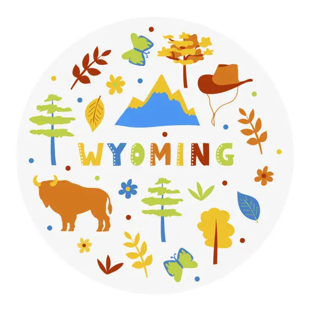 Vector illustration of USA collection. Vector illustration of Wyoming theme. State Symbols