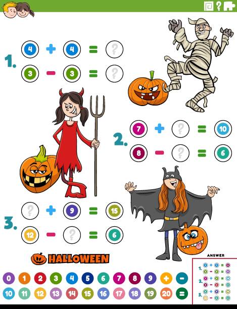 math addition and subtraction task with children on Halloween Cartoon illustration of educational mathematical addition and subtraction puzzle task with children characters on Halloween time negative numbers worksheet stock illustrations