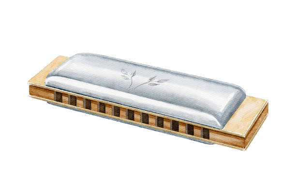 Watercolor illustration with silver harmonica Silver and wooden harmonica isolated on white background. Watercolor hand drawn illustration sketch harmonica stock illustrations