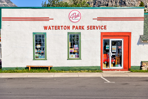 Waterton, Alberta - July 11, 2021: Gas station in the town of Waterton Lake in Southern Alberta Canada