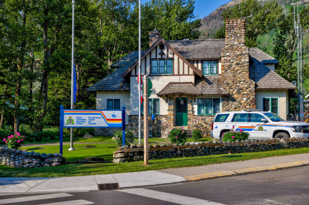 Regional office for the RCMP in the town of Waterton Lake in Southern Alberta Canada Waterton, Alberta - July 11, 2021: Regional office for the RCMP in the town of Waterton Lake in Southern Alberta Canada police station canada stock pictures, royalty-free photos & images