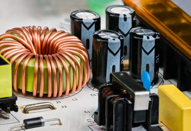 Photo of Toroidal core inductor, transformer, diode or electrolytic capacitors on a PCB detail