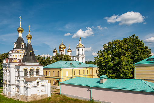 Two ancient churches of the Elizabethan Church and the Assumption Cathedral in the Dmitrov Kremlin. Dmitrov.