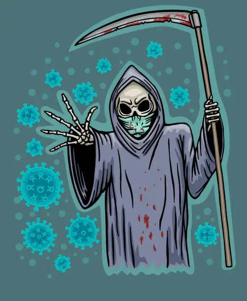 Vector illustration of Death sends a deadly virus to people .