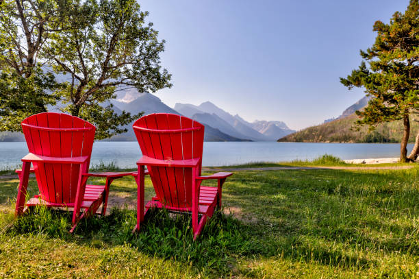 Landscapes along the shores of Waterton Lake in Southern Alberta Canada stock photo
