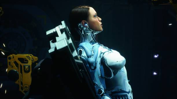The robotic girl is awaiting scheduled repairs and system updates. The woman was created using 3D computer graphics. Futuristic cyberhumanoid in a cyber chair. 3D rendering.The image is perfect for futuristic, fiction, cyber and sci-fi backgrounds la niña robótica está esperando reparaciones programadas y actualizaciones del sistema. la mujer fue creada utilizando gráficos por computadora en 3d. renderizado 3d. la imagen es perfecta para fondos de ficción, cibernética y ciencia ficción.