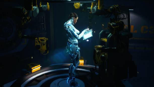 istock Robot girl works with a computer tablet in her laboratory. The woman was created using 3D computer graphics. 3D rendering. The image is perfect for fiction, cyber and sci-fi backgrounds. 1337930325