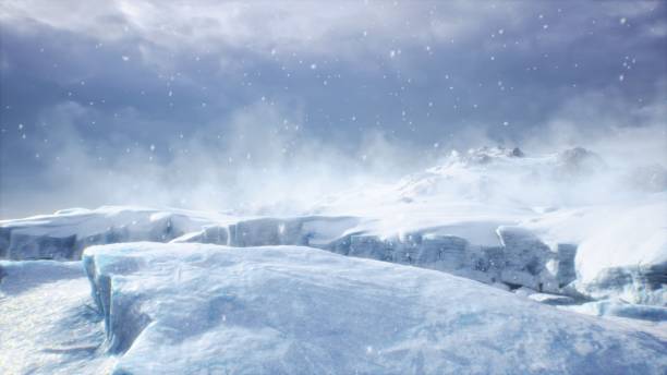 enormes glaciares altos en condiciones naturales invernales, el mar en hielo, nieve y ventiscas. paisaje nevado de invierno ártico. renderizado 3d - himalayas fotografías e imágenes de stock