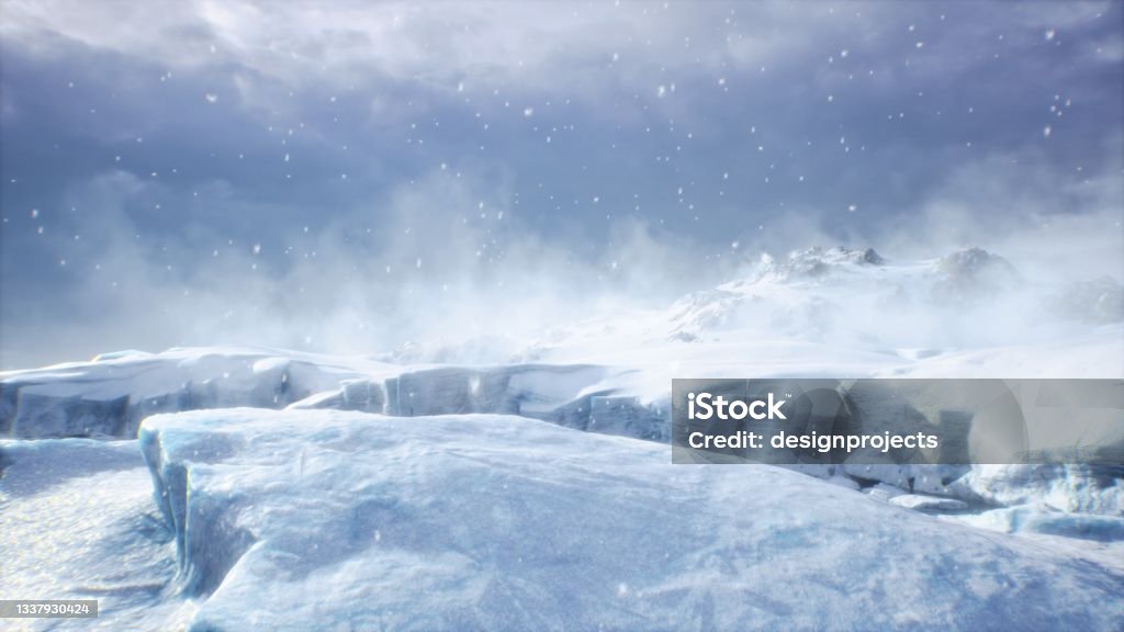 Huge high glaciers in winter natural conditions, the sea in ice, snow and blizzards. Arctic winter snowy landscape. 3D Rendering Huge high glaciers in winter natural conditions, the sea in ice, snow and blizzards. Arctic winter snowy landscape. The concept of a winter polar landscape. Antarctica Stock Photo