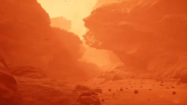 The surface of the red planet Mars during a dusty sandstorm. Mars colonization and space travel concept. The image is designed for futuristic, sci-fi or space travel. View of the Martian surface.