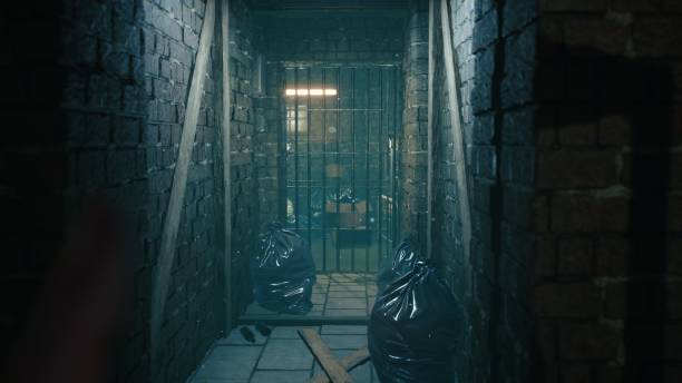 An abandoned mystical deserted corridor with prison bars and flying dust. image for apocalyptic, mystical, hallowen and fantastic backgrounds. View of the mystical spooky dusty corridor.