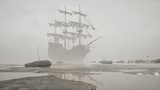 A medieval ship docked near a misty shore. The concept of maritime adventure in the Middle Ages. The image is ideal for historical, educational, pirate and adventure backgrounds. 3D rendering