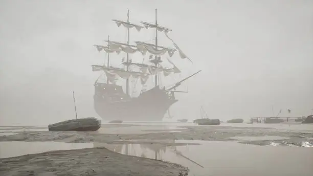 A medieval ship docked near a misty shore. The concept of maritime adventure in the Middle Ages. A huge galleon docked on an abandoned island. The image is ideal for historical, educational, pirate and adventure backgrounds.