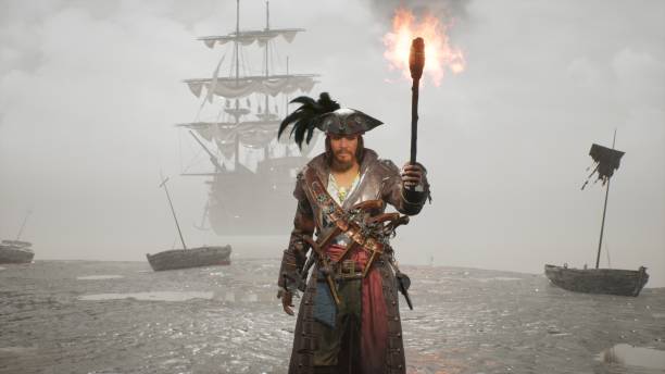 istock A pirate walks with a torch on a misty deserted island. The man was created using 3D computer graphics. 3D rendering. The concept of maritime adventure. The image is ideal for pirate backgrounds. 1337930608