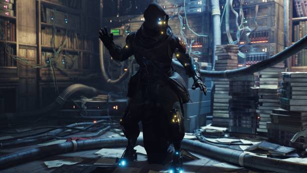 istock Cyber Monk practices cyber magic in his high-tech and futuristic laboratory. image for futuristic, fiction, cyber and sci-fi backgrounds. A view of a cyborg in laboratory. 3D rendering 1337930624