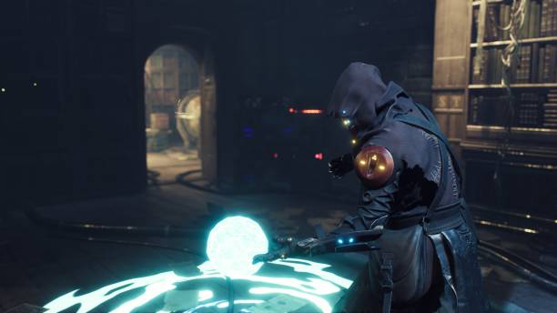 istock Cyber Monk practices cyber magic in his high-tech and futuristic laboratory. image for futuristic, fiction, cyber and sci-fi backgrounds. A view of a cyborg in laboratory. 3D rendering 1337930626